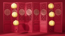 Ancient Chinese door with glow lanterns, 3d rendering.
