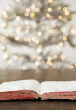 worn open Bible on a wood floor in front of a Christmas tree