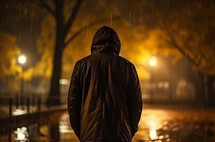 A man in a raincoat walks through a park at night while autumn rain falls