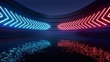 Glowing neon lines with water surface background, 3d rendering.
