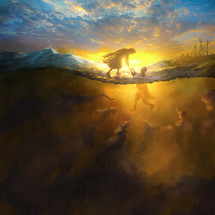 A digital painting of the Biblical story when Jesus rescued Peter from falling under the water.