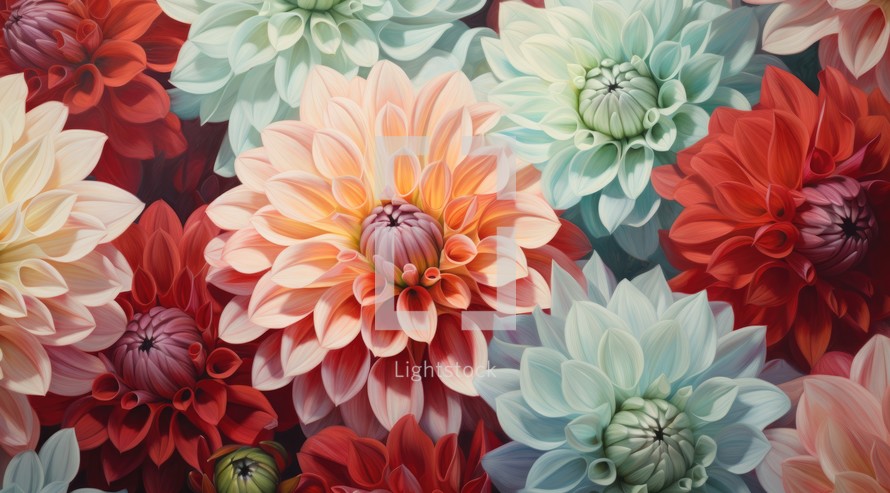 Colorful red, blue and orange dahlia flowers background. Floral pattern. Close up.