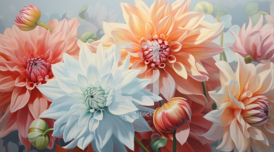 Colorful dahlia flowers close-up, floral background.