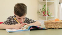 young boy preparing homework at home