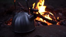 A tea kettle next to a campfire at dusk