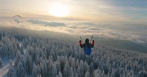 Paragliding flying freedom above frozen forest nature in winter wonderland Adrenaline adventure
