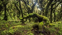 Moss covered green forest trees in New Zealand woods.