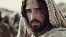 Closeup of the eyes of Jesus Christ or spiritual, religious old or new testament bible man with beard looking up at the camera
