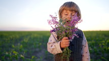 Portrait of cute little boy in festive costume with butterfly and bouquet on open area field background. Child, handsome son gives flowers, holiday concept. Sunset time. High quality 4k footage