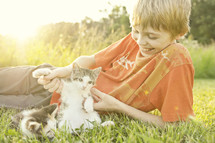 A boy playing with kittens.