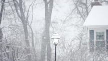 Snow falling during a snowstorm in a neighborhood with a light pole and part of a house showing.
