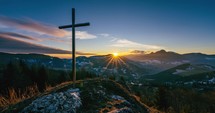 Magic Sunrise over christian cross religion symbol of faith and hope in autumn morning nature Time lapse
