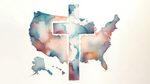Nation under God. Christian cross in the middle of the map of USA. Watercolor illustration