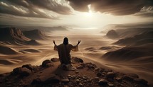 Cinematic portrayal of Jesus christ in worship in the Judean desert, Biblical