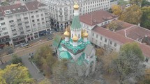 4k Aerial footage of the Russian Church of St Nicholas in Sofia, Bulgaria - Drone shot