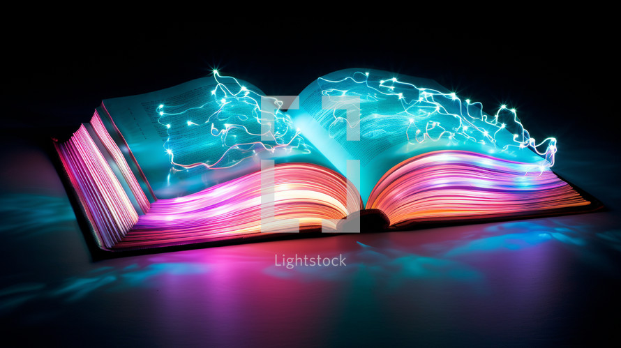 Neon open book with electric currents. 