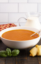 Bowl of Homemade Cream of Tomato and Basil Soup