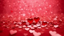 Two shiny red hearts. Falling glittering hearts sparkling love decoration background.
