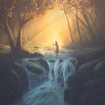 Digital illustration of Jesus seeking out a lost lamb.