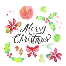 Merry Christmas hand lettering and water color holiday pack with holly, poinsettias, pine cones, trees, brush texture, splatters and a bow ribbon.