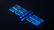 Loop animation of artificial satellite with dark neon light effect, 3d rendering.
