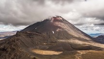 Dramatic grey clouds over volcanic Mount Doom mountains in Tongariro National Park nature in New Zealand Time-lapse
