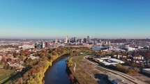 Aerial view of Cincinnati, Ohio from Kentucky over a river with views of Covington and Keyesport.