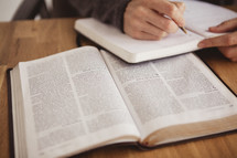 writing in a journal and reading a Bible 