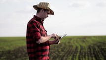 Young farmer standing in a wheat field and looking at tablet.