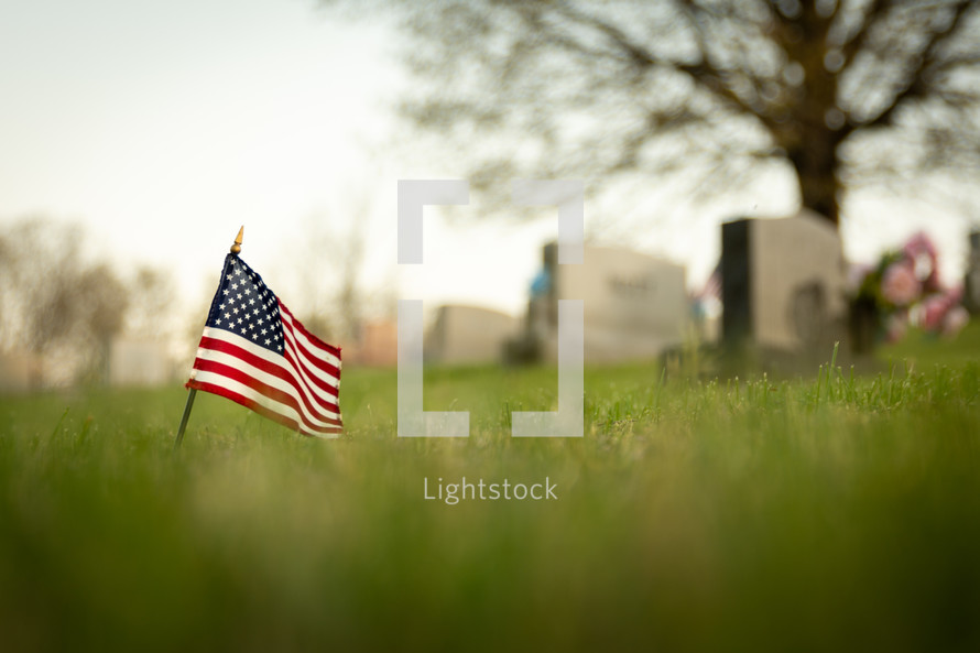American flag in a cemetery 