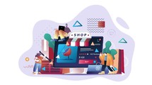 online shop 2d animation concepts, Using credit card online in mobile, Hand buying products using internet on smartphone. E-commerce 2d animation concept	
