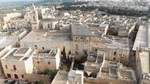 Historic cityscape of Mdina, overlooking St Paul's Cathedral - Aerial Upward Reveal Shot