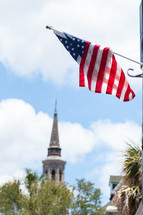 Church steeple with flag