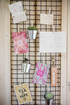 notes, cards, and hanging plants on a wall display 