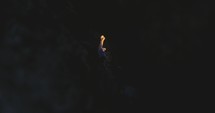 Woman in a dark cave struggling through a narrow corridor with a hand made torch