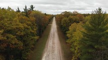 aerial view over a fall forest and dirt road 