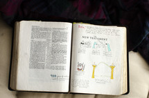 notes on the pages of the title page for the New Testament in a Bible 