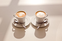 Two cups of coffee sitting in the sun on a white table