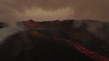 Lava flowing at Fagradalsfjall volcano eruption site Iceland 2023 aerial view at dawn
