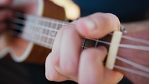 Smiling Boy Plays Ukulele Musical Instrument In An Outdoor Park