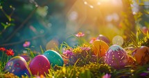 Multi-colored easter eggs on grass. Happy Easter. Colorful painted easter eggs
