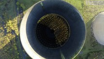 Coal-fired power station cooling towers, aerial top-down view. 