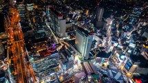 TOKYO - OCT 3rd, 2022: Aerial view Time-lapse of Shibuya, Tokyo, Japan at night