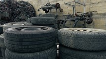 Used car wheels to be recycled. recycling factory