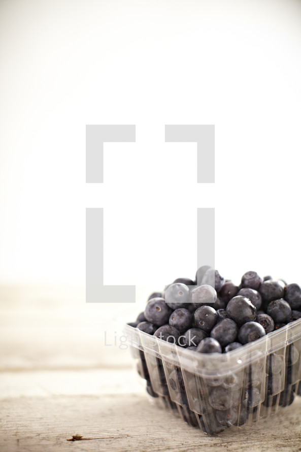 Carton of blueberries sitting on wood