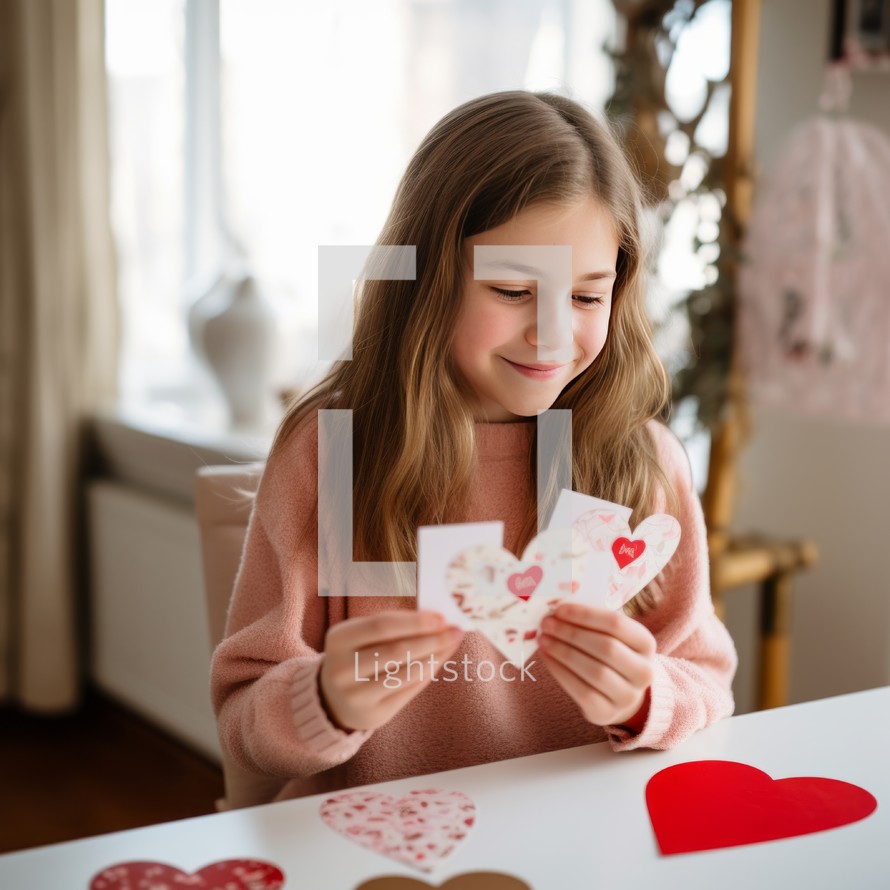 Happy little girl holding playing cards at home. Valentines day concept