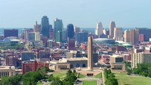 Aerial View of National WWI Museum and Memorial Skyline Tower, Kansas City Drone Shot in 4K with Views of the City Skyline	