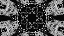 Abstract background. Kaleidoscope pattern sequence. White, black, slowly changing symmetry shapes. Textured effect, motion design