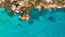 Drone aerial view over long rocky coastline. Amazing sea waves crashing on rocks seascape