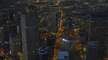 Denver, Colorado circa, Aerial view of downtown Denver buildings at night Drone shot 4k	